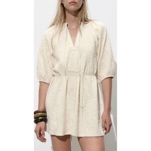 Zara Cream Textured Tie Neck Balloon Sleeve Mini Dress Large